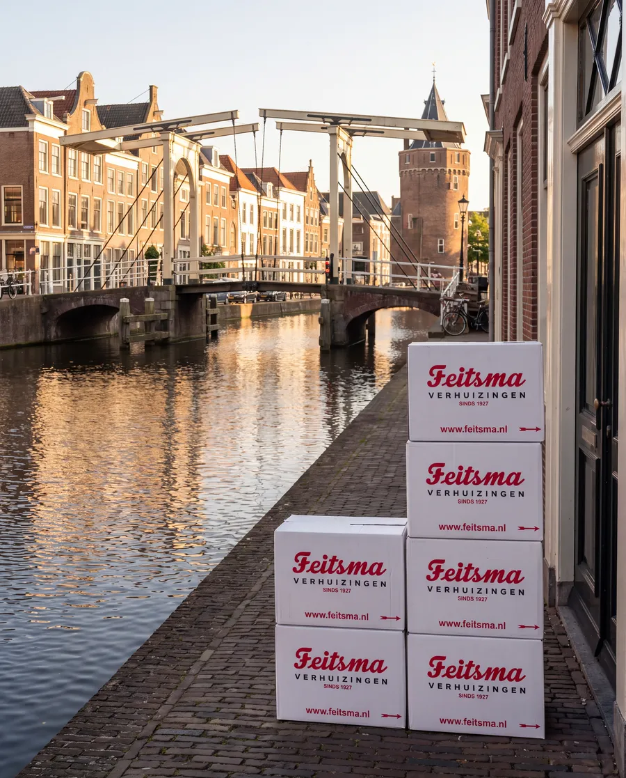 Ophaalbrug over het Spaarne in Haarlem met grachtenpanden en verhuisdozen van Feitsma bij een voordeur aan de kade