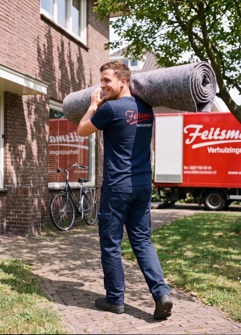 Verhuizer draagt een opgerold vloerkleed naar de woning