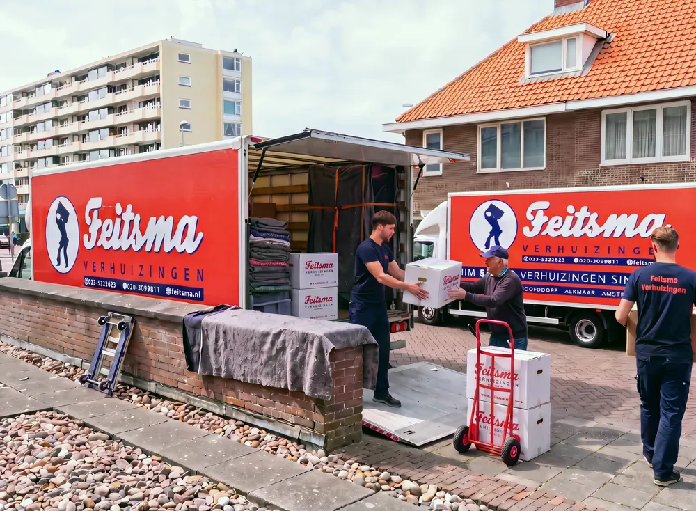 Verhuizers geven een verhuisdoos door bij de wagen