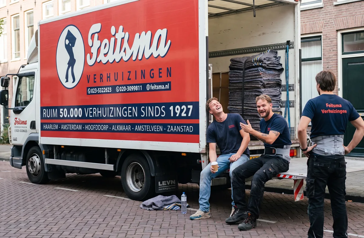 Verhuisploeg houdt koffiepauze op de laadklep van de verhuiswagen